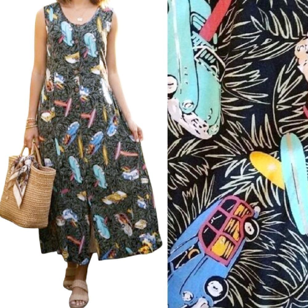VTG 90s Pineapple Passion Hawaiian‎ Vtg Cars Sleeveless Maxi Dress LG Button Up